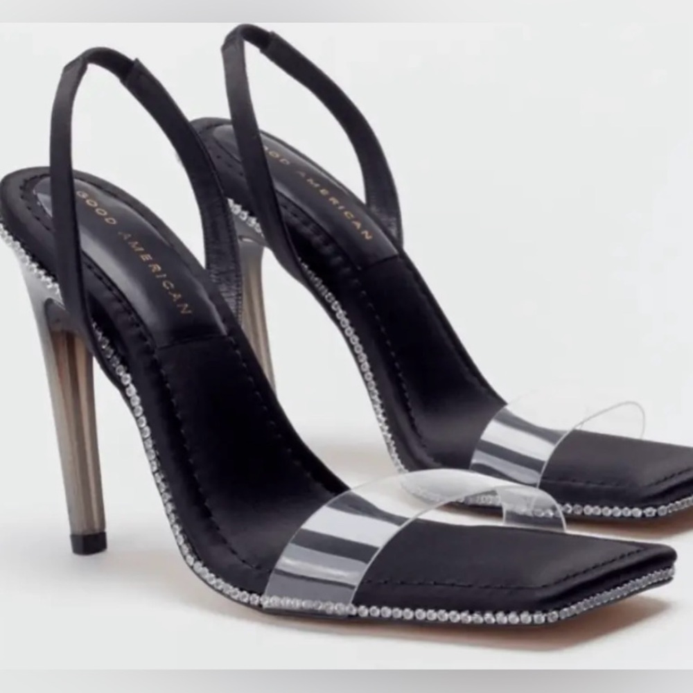 Good American Women’s Black Stiletto Heels Sandals Silver Rhinestone Size 9